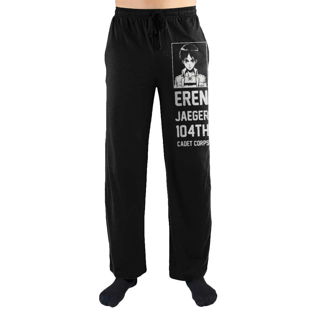 Attack on Titan Eren Jaeger Lounge Pants, Unisex Anime Sleepwear-Get comfy and cozy for a good night’s rest with these Attack on Titan Eren Jaeger 104th cadet corps sleep pants. Officially licensed sleepwear / loungewear pajama pants made from soft and comfortable cotton / poly, with elastic waistband and drawstring. -BLACK-S-