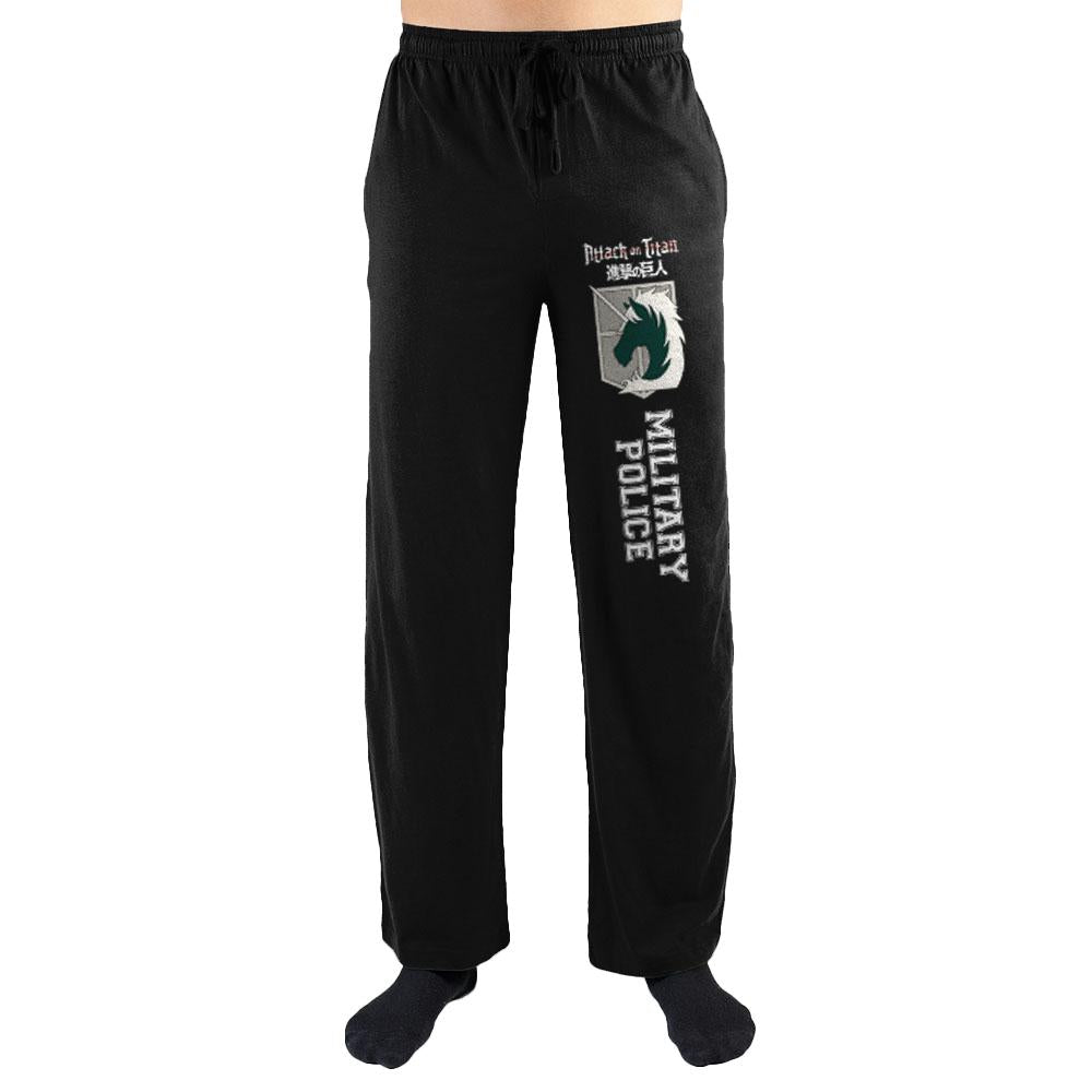 Attack on Titan Military Police Emblem Lounge Pants, Unisex Loungewear-Rest up to patrol the crowds in these Attack on Titan anime sleep pants. These soft and comfortable unisex cotton-blend loungewear / sleepwear pajama pants with elasitic waistband and drawstring. Officially licensed. Typically shipped in 2-3 business days from within the US.-BLACK-S-