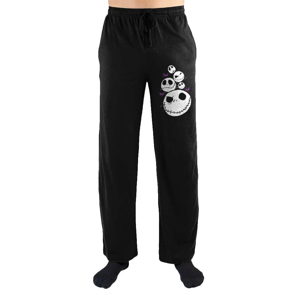 Nightmare Before Christmas Many Faces of Jack Skelington Lounge Pants-Soft men's / unisex lounge pants made from a cotton/poly blend for frighteningly great comfort. A sampling of Jack Skellington's many faces is centered on the left leg. Officially licensed Tim Burton's Nightmare Before Christmas apparel. NBX Disney xmas halloween holiday pajama bottoms loungewear pants.-Black-S-