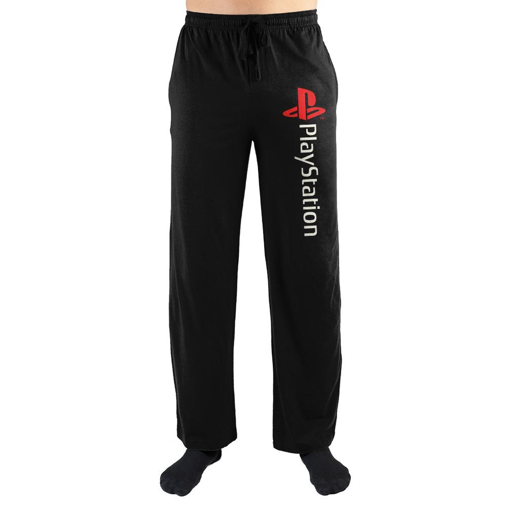 PLAYSTATION Classic PSX/PS1 Logo Lounge Pants, Officially Licensed-Soft breathable cotton/poly blend unisex sleep/lounge pants with elastic and drawstring waistband, 2 pockets and high quality graphic print on the left leg of a solid red PSX logo with white Playstation text.Officially licensed ships from USA. Gamer Videogames Gaming console wars 90s kids retro vintage style 1990s-BLACK-XS-