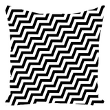Black Lodge Pattern Throw Pillows - Twin Optical ZigZag Surreal Peaks-Double-sided, square spun polyester pillow or pillowcase in your choice of color and size.This item is made-to-order and typically ships in 3-5 business days from within the US.

Diagonal black and white zig-zag lines on high quality throw pillow. Tense and surreal optical art pattern. Fun and unique gothic halloween home decor.-With Zipper-16x16 inch-