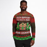 -Funny all-over-print unisex sweatshirt made of soft, comfortable cotton/polyester/spandex blend with brushed fleece interior. Each panel is individually printed, cut and sewn to ensure a flawless graphic that won't crack or peel. 
funny AOP computers IT on and off again mens womens ugly sweater christmas holiday jumper-