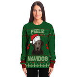 -Funny all-over-print unisex sweatshirt made of soft and comfortable cotton/polyester/spandex blend with brushed fleece interior!. Each panel is individually printed, cut and sewn to ensure a flawless graphic that won't crack or peel. Mens womens Christmas feliz navidad dog xmas humor lab labbie puppy pullover jumper-