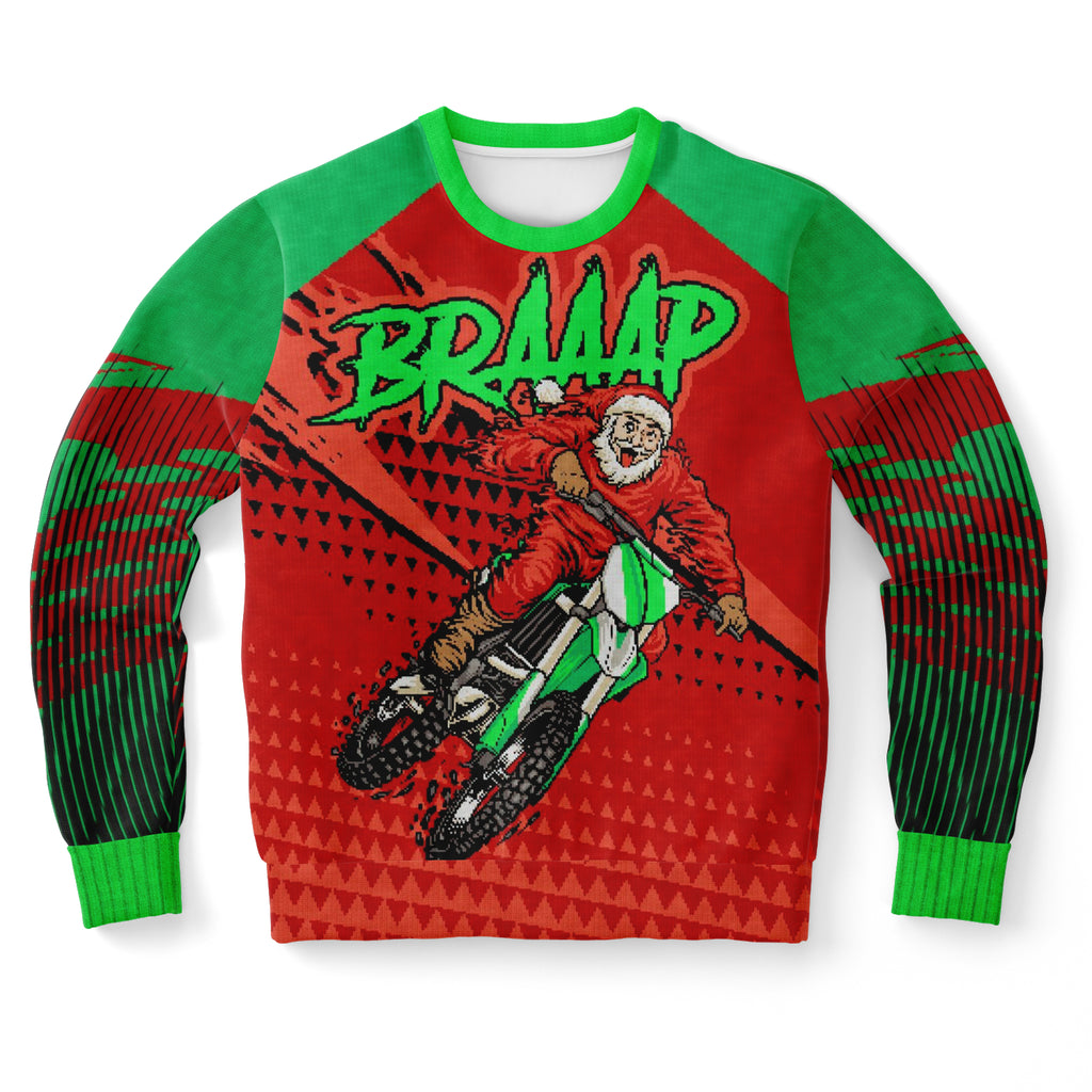 BRAAAP! Motorbike Santa Sweatshirt, Ugly Sweater All-Over-Print Jumper-Braap Braaap! Motorbike Santa AOP Ugly Sweater Christmas Jumper. This sweatshirt is crafted from a premium cotton, polyester and spandex blend for extreme softness. Free Shipping Worldwide. Motocross Biker Moto Holiday Motorsport Racing Sports Gift-XS-