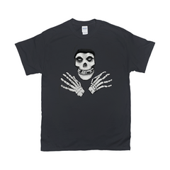 The Crimson Ghost Black and White Classic Horror Tee, S-5X Unisex-100% cotton Gildan fine jersey fitted unisex tee. 3-5 days from USA. Classic Crimson Ghost black and white serial horror film icon. Skeleton with hooded skull, crossed skeletal hands. This skull faced fiend is the perfect pirate jolly roger for punk rock misfits though few today would desire a post Cyclotrode X world.-Black-S-