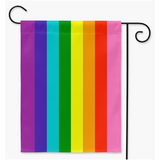-100% poly poplin-canvas fabric, wash on gentle, hang to dry.12x18" , 18x27" or 24x36" - single or double sided. Flag hanger / stand not included.Made in and shipped from the USA.

Gay Pride Eight Stripe Rainbow Gilbert Baker Garden Flag LGBTQ LGBTQIA LGBTQX Historical Love is Love Rights Equality Protest We Say Gay -Single-24.5x32.125 inch-