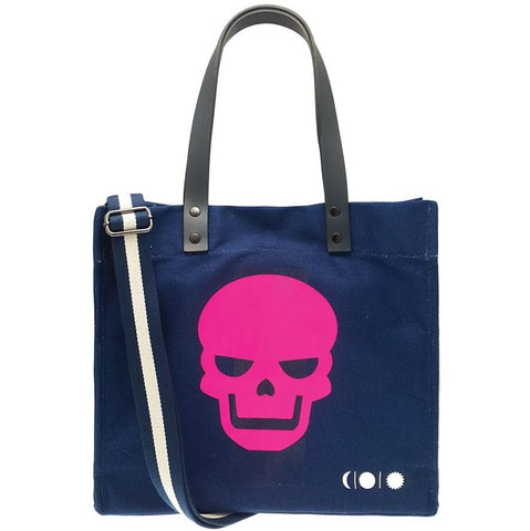 Da Skull Handmade Canvas Beach Bag - Navy and Neon Pink, Pareoo-Large cotton canvas beach bag in black with a neon yellow skull print. Adjustable strap for use as an over the shoulder bag, high quality leather straps for carrying as a handbag. Handmade in Athens, Greece. Free Shipping Worldwide. Summer Designer Goth Gothic NuGoth Metal Punk Imported Carryall Tote Military Fashion -