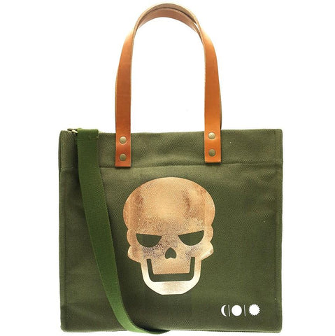 Da Skull Handmade Canvas Beach Bag - Olive, Pareoo - Free Shipping-Large cotton canvas beach bag in olive green with metallic pink-gold skull.Adjustable strap for use as an over the shoulder bag, high quality leather straps for carrying as a handbag. Handmade in Athens, Greece. Free Shipping Worldwide. Summer Designer Goth Gothic NuGoth Carryall Tote Bag Military Imported Fashion -
