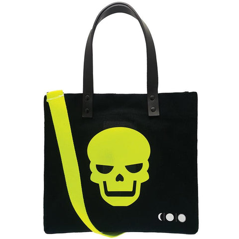-Large cotton canvas beach bag in black with a neon yellow skull print. Adjustable strap for use as an over the shoulder bag, high quality leather straps for carrying as a handbag. Handmade in Athens, Greece. Free Shipping Worldwide. Summer Designer Goth Gothic NuGoth Metal Punk Imported Carryall Tote Military Fashion -