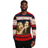 -Funny all-over-print unisex sweatshirt made of soft and comfortable cotton/polyester/spandex blend with brushed fleece interior. Each panel is individually printed, cut and sewn to ensure a flawless graphic that won't crack or peel. 

Mens womens Christmas pullover jumper ugly sweater print memes couple matching joke. -