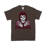 Crmson Ghost Graphic Tee, Classic Horror Icon, Small to 5X, Low Prices-100% cotton Gildan fine jersey fitted unisex tee. 3-5 days from USA. 
Crimson Ghost classic serial horror film icon. Skeleton with hooded skull, crossed skeletal hands. This skull faced fiend is the perfect grim reaper for punk rock pirates and misfits though few today would desire a post Cyclotrode X world. Haloween-Dark Chocolate-Small (S)-