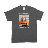 MAGA Mugshot Tee - Make America Great Again... Lock Him Up!-Soft 100% cotton Gildan fitted unisex graphic t-shirt. Made-to-order & shipped from the USA.
Trump for Prison, Criminal fascist treason January 6th 2021 capitol riot incitement sedition, insurrection, corrupt complicit GOP, pandemic politics Save Democracy VOTE Anti-Trump political protest tee -Dark Heather Grey-Small (S)-