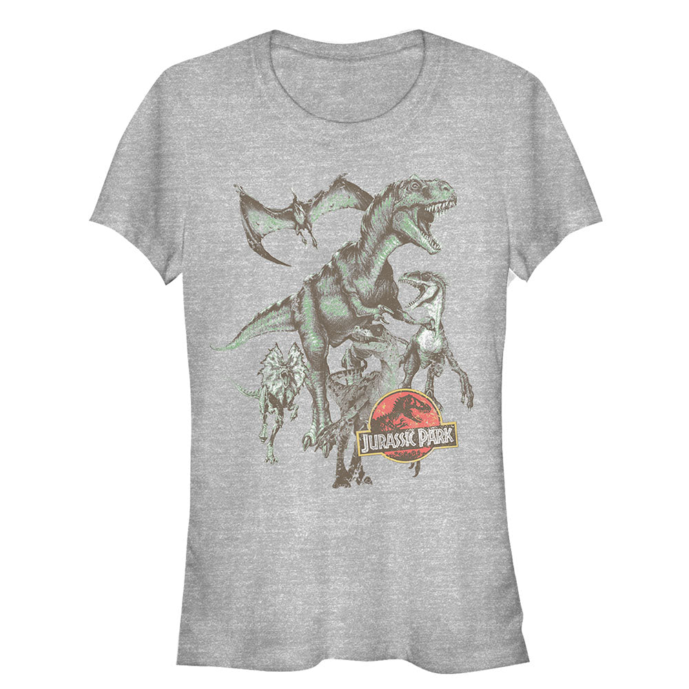 -Classic Jurassic Park juniors graphic tee. Soft cotton with professionally printed retro rushing dinos design and original JP logo.Officially licensed Jurassic Park / Jurassic World apparel. This shirt typically ships in 2-3 business days from within the US. -Gray Heather-M-