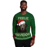 -Funny all-over-print unisex sweatshirt made of soft and comfortable cotton/polyester/spandex blend with brushed fleece interior!. Each panel is individually printed, cut and sewn to ensure a flawless graphic that won't crack or peel. Mens womens Christmas feliz navidad dog xmas humor lab labbie puppy pullover jumper-