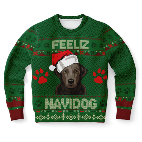 -Funny all-over-print unisex sweatshirt made of soft and comfortable cotton/polyester/spandex blend with brushed fleece interior!. Each panel is individually printed, cut and sewn to ensure a flawless graphic that won't crack or peel. Mens womens Christmas feliz navidad dog xmas humor lab labbie puppy pullover jumper-XS-