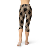 Beige Brown Argyle Capri Leggings, Women's Gym Yoga Fitness Fashion--