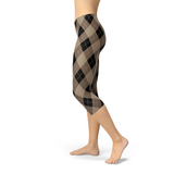 Beige Brown Argyle Capri Leggings, Women's Gym Yoga Fitness Fashion--