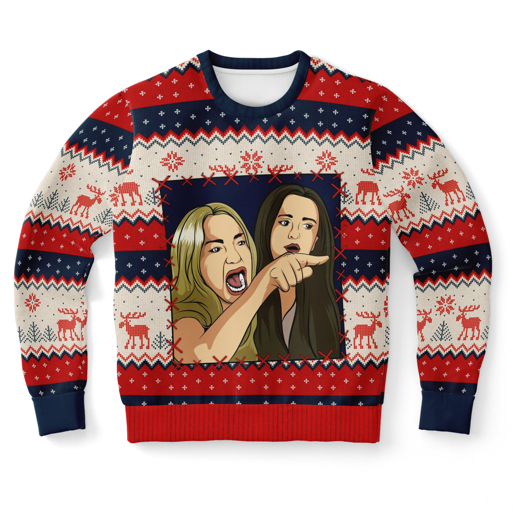 -Funny all-over-print unisex sweatshirt made of soft and comfortable cotton/polyester/spandex blend with brushed fleece interior. Each panel is individually printed, cut and sewn to ensure a flawless graphic that won't crack or peel. 

Mens womens Christmas pullover jumper ugly sweater print memes couple matching joke. -XS-