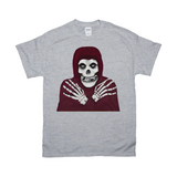 Crmson Ghost Graphic Tee, Classic Horror Icon, Small to 5X, Low Prices-100% cotton Gildan fine jersey fitted unisex tee. 3-5 days from USA. 
Crimson Ghost classic serial horror film icon. Skeleton with hooded skull, crossed skeletal hands. This skull faced fiend is the perfect grim reaper for punk rock pirates and misfits though few today would desire a post Cyclotrode X world. Haloween-Sport Grey-Small (S)-