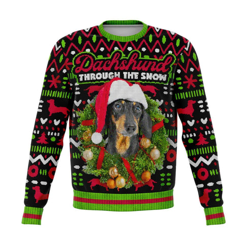 Funny Dachshund Through The Snow Ugly Christmas Sweater Dog Sweatshirt-Funny premium AOP (all over print)Dachshund Through The Snow sausage dog pun ugly sweater print holiday jumper / sweatshirt. Unisex adult XS, Small, Medium, Large, XL, 2XL, 3XL and 4XL. Made-to-order. 2 weeks to the US. Great humorous doxxin doxin doxie doxxie puppy breeder lover dashing doggie winter Christmas gift. -XS-