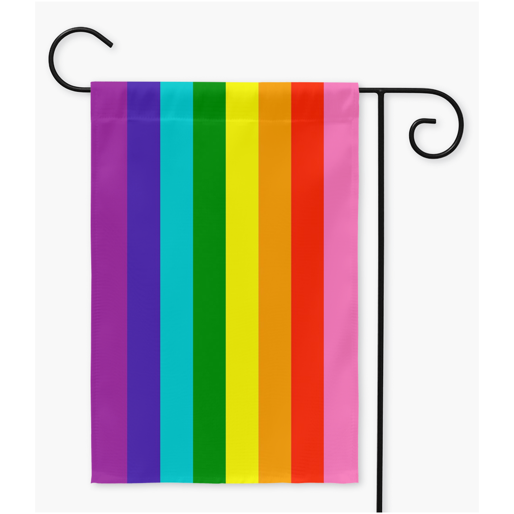 -100% poly poplin-canvas fabric, wash on gentle, hang to dry.12x18" , 18x27" or 24x36" - single or double sided. Flag hanger / stand not included.Made in and shipped from the USA.

Gay Pride Eight Stripe Rainbow Gilbert Baker Garden Flag LGBTQ LGBTQIA LGBTQX Historical Love is Love Rights Equality Protest We Say Gay -Double-12x18 inch-