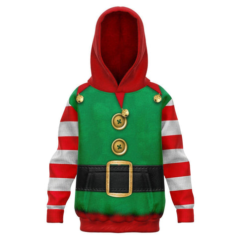 Christmas Elf Costume Hoodie - Infant, Toddler and Kids / Youth Sizes-Fun and festive Christmas costume Hoodie. All-over-printed soft and durable cotton/polyblend with brushed fleece on the inside for supreme! Whether it’s school trips or lazy days, this hoodie is ultra comfortable. Each panel is individually printed, cut and sewn to ensure a flawless graphic with no imperfections.Available in sizes from XXS (baby) to XS (toddler) up to XL youth sizes, see size chart below. • 20% cotton, 75% pol