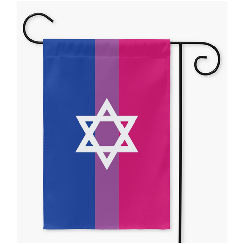 -100% poly poplin-canvas fabric, wash on gentle, hang to dry.12x18" , 18x27" or 24x36" - single or double sided. Flag hanger / stand not included.Made in and shipped from the USA.

Bisexual LGBTQ LGBTQIA LGBTQX Bi Sexual Jew Love is Love Garden Flag Rights Equality Magan Star of David Intersectional Pride Banner-Double-12x18 inch-