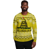 -Funny all-over-print unisex sweatshirt made of soft and comfortable cotton/polyester/spandex blend with brushed fleece interior. Each panel is individually printed, cut and sewn to ensure a flawless graphic that won't crack or peel. 

Mens womens Christmas pullover jumper ugly sweater print memes gadsden snake flag. -