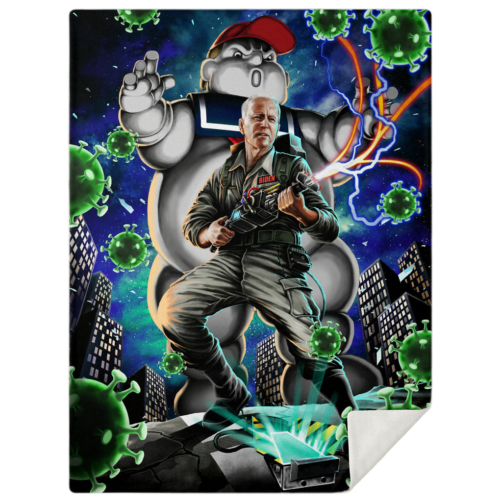 Covid Buster Biden Microfleece Blanket - Political Ghostbuster Parody-Silky-soft premium microfleece blanket ideal for snuggling and even warmer than it looks. 100% polyester, micro-mink exterior and microfiber fleece backing. Funny President Joe Biden 2021 Political Ghostbuster Pandemic Parody Donald Trump Covid-19 Coronavirus Superspreader Staypuft USA Superhero Science Matters-M-