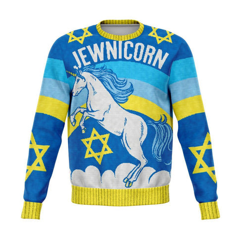 MAGICAL JEWNICORN SWEATSHIRT Jewish Unicorn Ugly Holiday Sweater Print-Funny all-over-print unisex sweatshirt made of soft, comfortable cotton/polyester/spandex blend with brushed fleece interior. Each panel is individually printed, cut and sewn to ensure a flawless graphic that won't crack or peel. 

Mens womens hanukkah Chanukah pullover jumper ugly sweater print jewish jew pun holiday-XS-