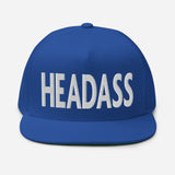 HEADASS Embroidered Five Panel Flat Bill Snapback Cap-Embroidered structured five panel flat bill cap with adjustable snapback. These hats ship from the USA. High Quality Embroidering • 100% Cotton Twill Structured Five Panel Snapback Cap - Headass funny unique weird meme memes saying insult definition internet gamer joke bold brash streetwear unisex adult baseball cap-Royal Blue-White-