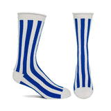 Iconics 10 Socks - Retro Black and White Striped-Inspired by the iconic designs of Willi Wear, a fashion line that redefined street wear, pioneered innovative collaborations between artists, designers, and performers, and invented Street Couture. Sheer striped crew socks made with a comfortable rolled top and less constricting, bandless cuffs. One size fits most. -Blue-10-12 (Mens shoe 8-12.5)-803303001879