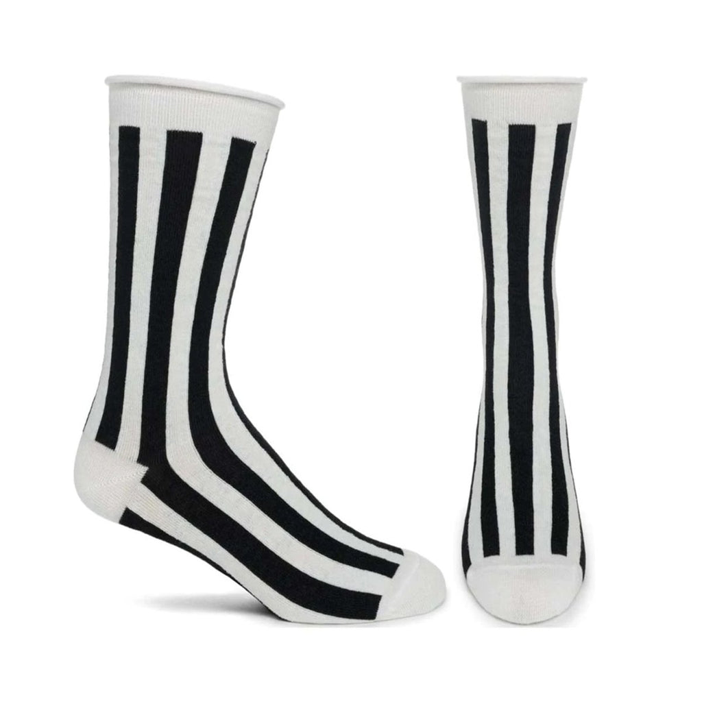 Iconics 10 Socks - Retro Black and White Striped-Inspired by the iconic designs of Willi Wear, a fashion line that redefined street wear, pioneered innovative collaborations between artists, designers, and performers, and invented Street Couture. Sheer striped crew socks made with a comfortable rolled top and less constricting, bandless cuffs. One size fits most. -Black-10-12 (Mens shoe 8-12.5)-803303001862