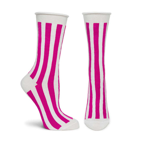 Iconics 10 Socks - Retro Striped-Inspired by the iconic designs of Willi Wear, a fashion line that redefined street wear, pioneered innovative collaborations between artists, designers, and performers, and invented Street Couture. Sheer striped crew socks with a comfortable rolled top and less constricting, bandless cuffs. One size fits most. -Fuschia-9-11 (Womens shoe 5-10.5)-803303001824