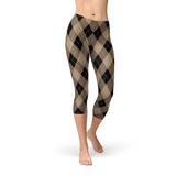 Beige Brown Argyle Capri Leggings, Women's Gym Yoga Fitness Fashion-L-