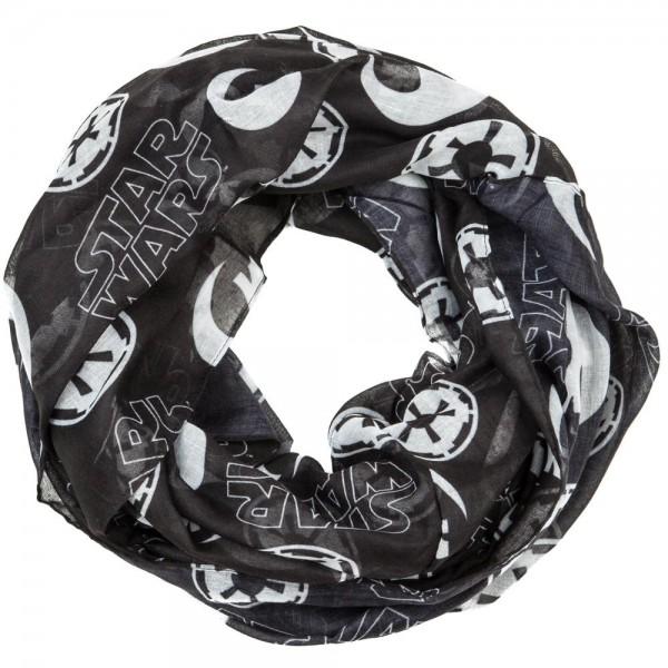 STAR WARS Toss Icons Viscose Infinity Scarf, officially licensed -Polyester viscose infinity scarf featuring icons from the Rebel Alliance, Galactic Empire and Star Wars logo in a repeating pattern. Officially licensed Star Wars unisex fashion accessory. Ships from the USA.-Black-OS-