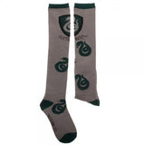 Harry Potter Gray Slytherin Knee High Socks, Officiallly Licensed-Harry Potter Slytherin inspired Hogwarts House Socks. These gray, green and blck juniors' knee-high socks feature reinforced toes & heels, a serpent pattern and Slytherin shield on the front of the shin. Officially licensed Harry Potter apparel. These socks typically ship in 2-3 business days from within the USA.-Gray-OS-