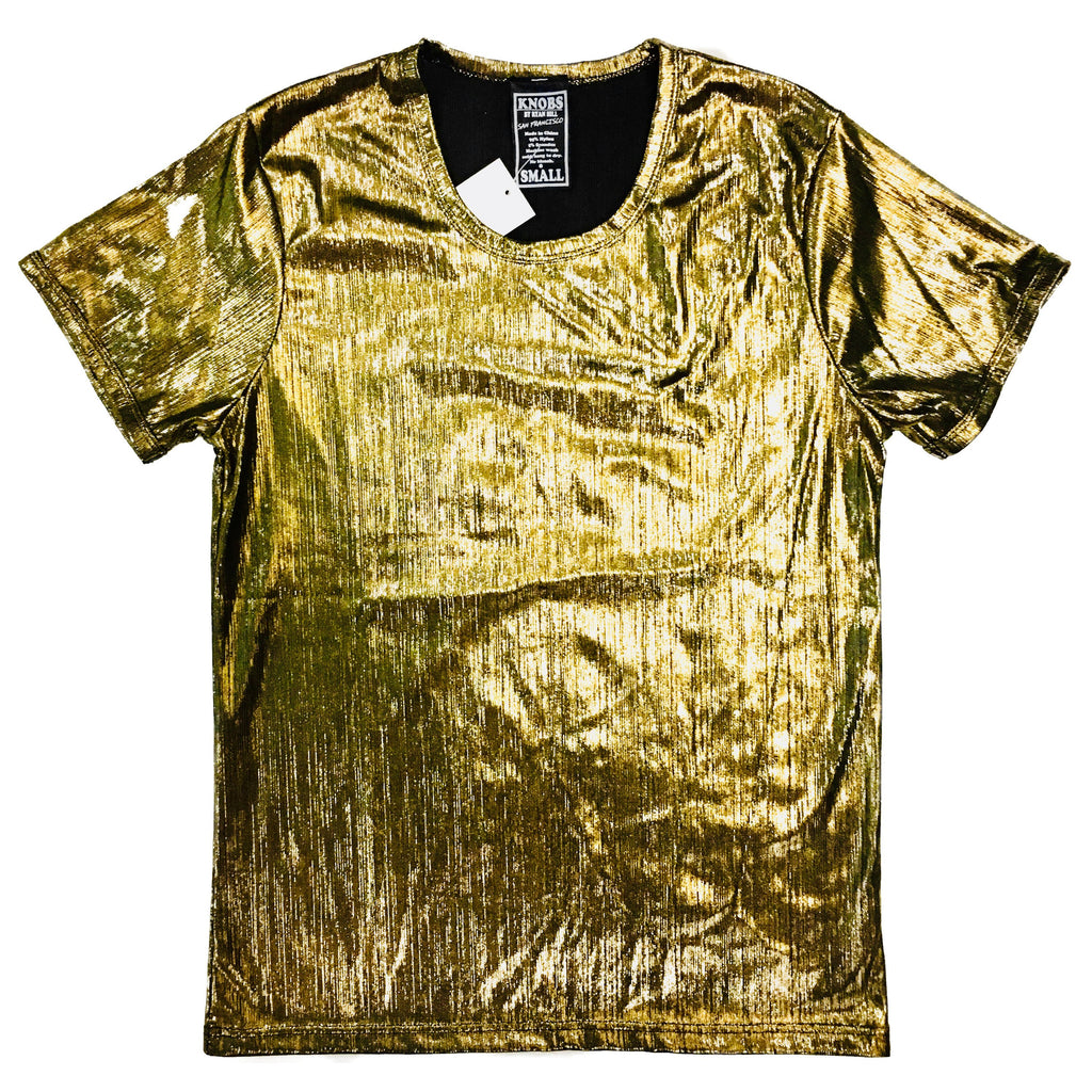 -Shiny gold metallic tee! This mens / unisex style shirt has a sparkly and shimmery exterior, soft and comfortable interior and never fails to steal the spotlight! Hand wash, hang to dry. These shirts usually ship in 2-3 business days from within the USA. Cosplay costume clubwear gold golden-Gold-L-