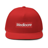 MEDIOCRE Box Logo Flat Bill Cap - Embroidered Logo Snapback Hats-a supreme parody of mediocre design. High quality, embroidered high-profile fitting cap with classic green underviso. • 100% cotton twill • Structured • Five panel • High profile • Green undervisor • Sewn eyelets • Snapback. Ship in 3-5 business days from within the USA. Streetwear fashion red box logo mocking parody.-Red-