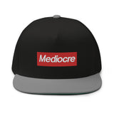 MEDIOCRE Box Logo Flat Bill Cap - Embroidered Logo Snapback Hats-a supreme parody of mediocre design. High quality, embroidered high-profile fitting cap with classic green underviso. • 100% cotton twill • Structured • Five panel • High profile • Green undervisor • Sewn eyelets • Snapback. Ship in 3-5 business days from within the USA. Streetwear fashion red box logo mocking parody.-Black/ Grey-