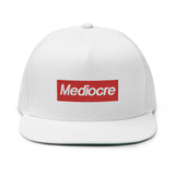 MEDIOCRE Box Logo Flat Bill Cap - Embroidered Logo Snapback Hats-a supreme parody of mediocre design. High quality, embroidered high-profile fitting cap with classic green underviso. • 100% cotton twill • Structured • Five panel • High profile • Green undervisor • Sewn eyelets • Snapback. Ship in 3-5 business days from within the USA. Streetwear fashion red box logo mocking parody.-White-