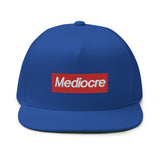 MEDIOCRE Box Logo Flat Bill Cap - Embroidered Logo Snapback Hats-a supreme parody of mediocre design. High quality, embroidered high-profile fitting cap with classic green underviso. • 100% cotton twill • Structured • Five panel • High profile • Green undervisor • Sewn eyelets • Snapback. Ship in 3-5 business days from within the USA. Streetwear fashion red box logo mocking parody.-Royal Blue-
