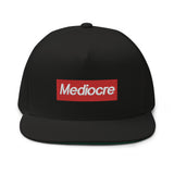 MEDIOCRE Box Logo Flat Bill Cap - Embroidered Logo Snapback Hats-a supreme parody of mediocre design. High quality, embroidered high-profile fitting cap with classic green underviso. • 100% cotton twill • Structured • Five panel • High profile • Green undervisor • Sewn eyelets • Snapback. Ship in 3-5 business days from within the USA. Streetwear fashion red box logo mocking parody.-Black-