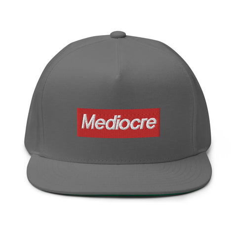 MEDIOCRE Box Logo Flat Bill Cap - Embroidered Logo Snapback Hats-a supreme parody of mediocre design. High quality, embroidered high-profile fitting cap with classic green underviso. • 100% cotton twill • Structured • Five panel • High profile • Green undervisor • Sewn eyelets • Snapback. Ship in 3-5 business days from within the USA. Streetwear fashion red box logo mocking parody.-Grey-