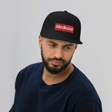 MEDIOCRE Box Logo Flat Bill Cap - Embroidered Logo Snapback Hats-a supreme parody of mediocre design. High quality, embroidered high-profile fitting cap with classic green underviso. • 100% cotton twill • Structured • Five panel • High profile • Green undervisor • Sewn eyelets • Snapback. Ship in 3-5 business days from within the USA. Streetwear fashion red box logo mocking parody.-
