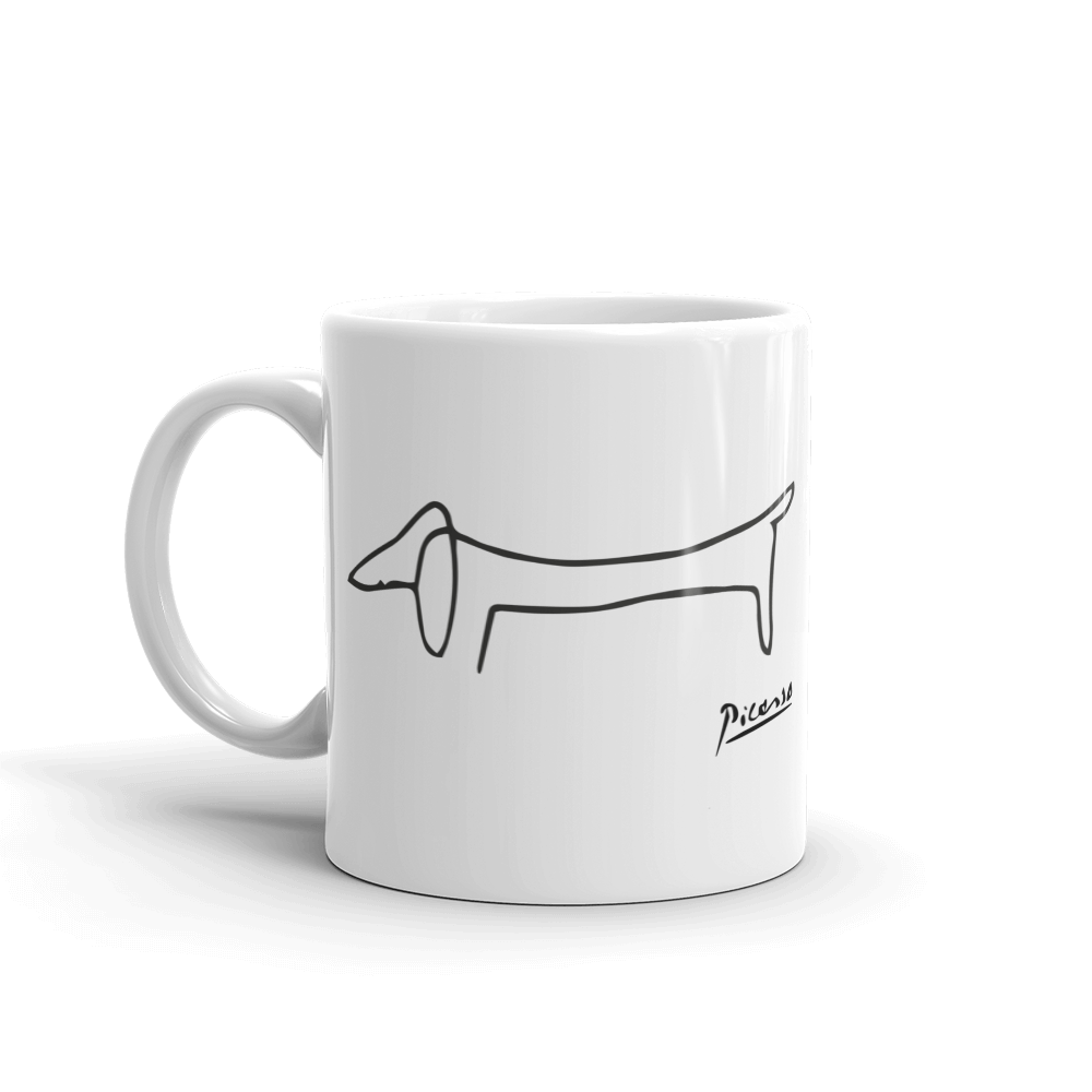 Pablo Picasso Dachshund Dog Mug -Ceramic coffee mug featuring a Picasso sketch of Lump, a friend's Dachshund who is featured in many of his works. Highest quality ceramic coffee mug, dishwasher & microwave safe. Made in the USA. Free shipping.-11oz (325mL)-