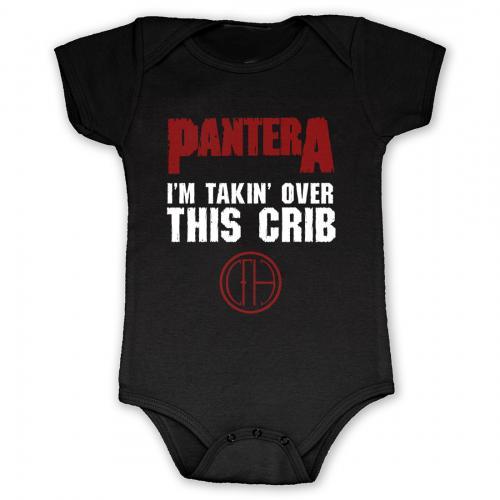 Pantera Takin' Over This Crib Onesie, Officially Licensed, USA Seller-Black infant or toddler onesie with "I'm Takin' Over This Crib" on the front and a red logo below. Officially licensed Pantera merch, typically ships in 2-3 business days from within the USA. Classic hardcore heavy Metal hard rock music band baby creeper crawler.-Black-0-6 Months-
