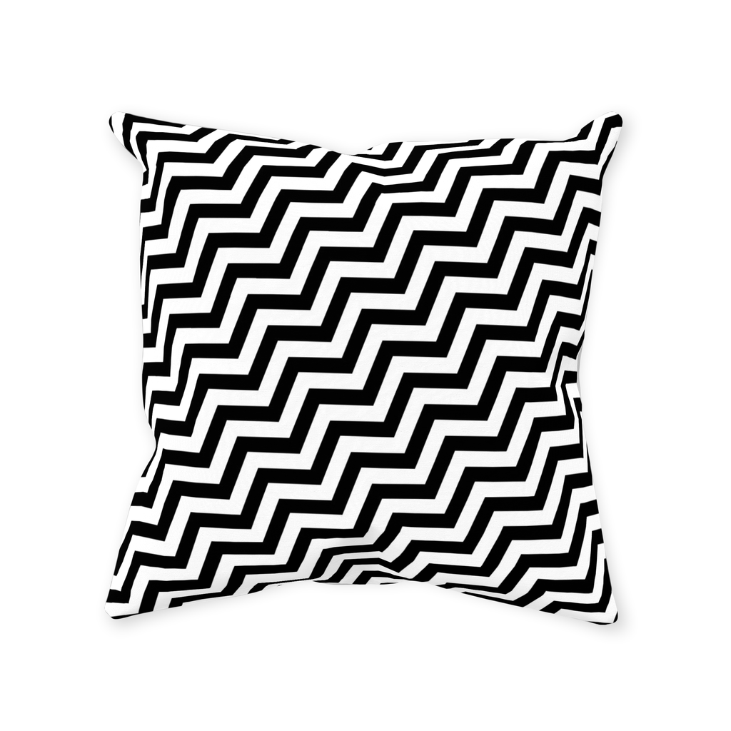Black Lodge Pattern Throw Pillows - Twin Optical ZigZag Surreal Peaks-Double-sided, square spun polyester pillow or pillowcase in your choice of color and size.This item is made-to-order and typically ships in 3-5 business days from within the US.

Diagonal black and white zig-zag lines on high quality throw pillow. Tense and surreal optical art pattern. Fun and unique gothic halloween home decor.-Without Zipper-14x14 inch-