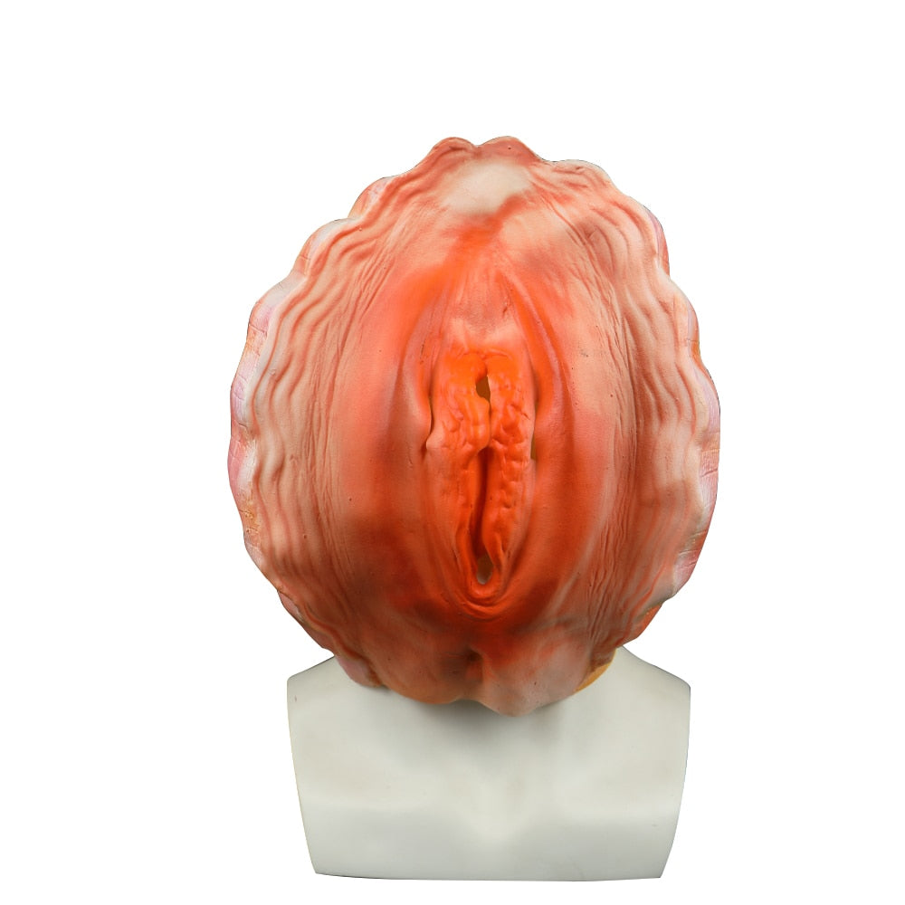 -Unique latex over-the-head vagina in a seashell mask. One size fits most. Free shipping from abroad. Typically arrives in 2-3 weeks to the USA. Funny weird bizarre creepy strange shell adult pussy cunt face NSFW joke vaginal costume halloween fancy dress mask-
