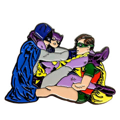 -Enameled metal pin measuring roughly 30mm. Free shipping from abroad, averages 2-3 weeks to the USA. Funny classic batman 66 meme entangled superhero kinky comic con cosplay threesome menage a trois poly polyamorous bisexual pansexual throuple thruple pinback brooch west ward bruce wayne dick grayson barbara gordon-